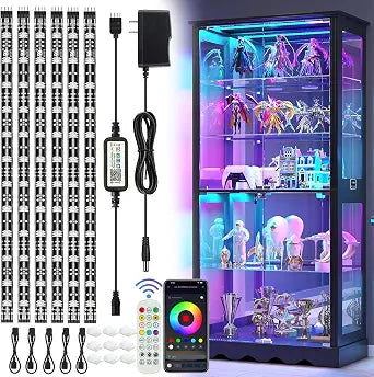 LED Strip Lights 6 Pcs 1.64FT RGB Small LED Light Strips Kit Dimmable RGB 5050 Color Changing Tape Lights TV Backlight Display Case Lights Shelves Lighting with APP & RF Remote & Power Supply