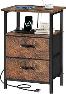Vagusicc Nightstand with Charging Station, Small Night Stand with Fabric Drawers for Bedroom, End Table, Bedside Table with USB Ports & Outlet, 24.2" Tall Bed Side Table with Open Shelf, Rustic Brown
