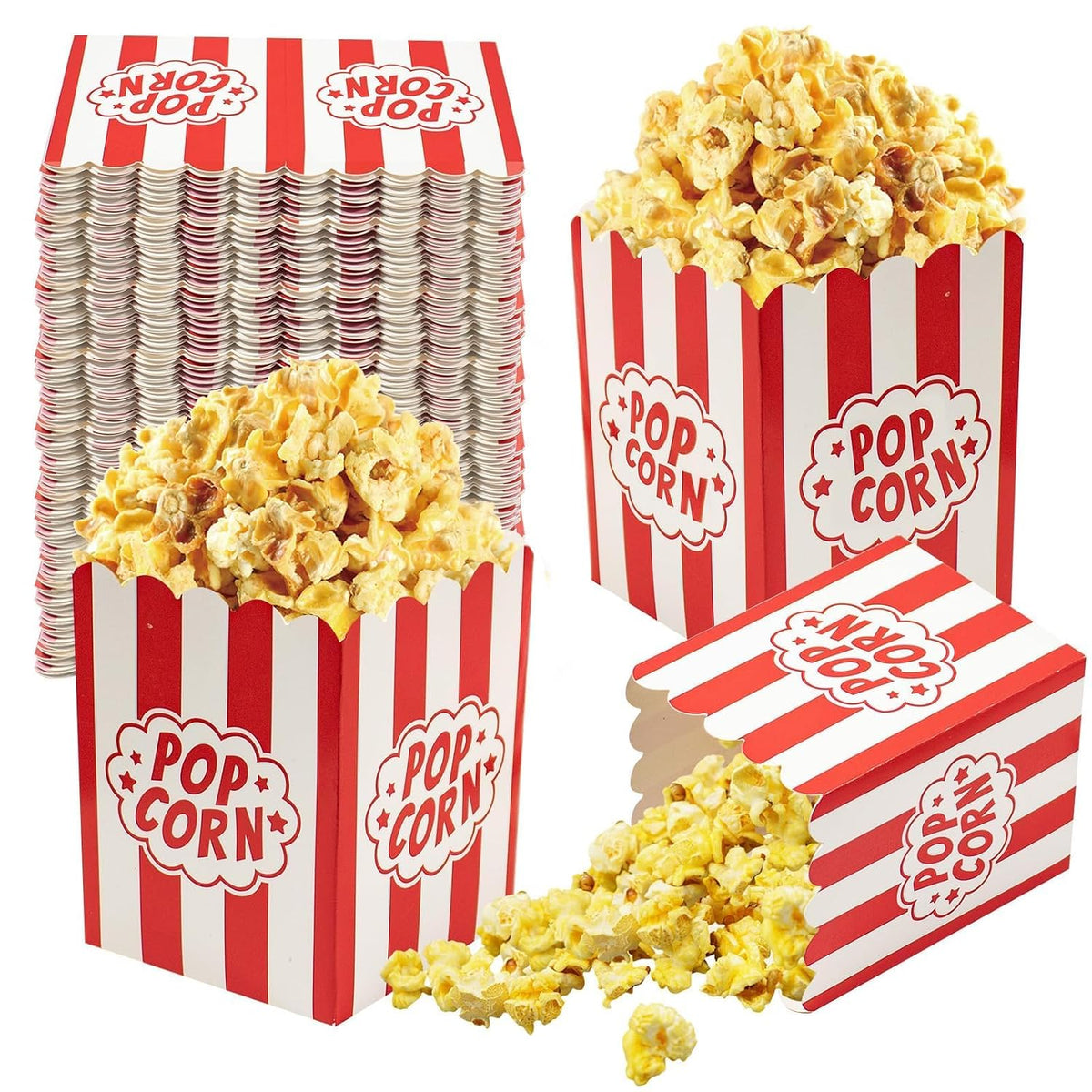 Mini Popcorn Boxes for Parties, 100 Pack - 3x4 Inch Red & White Striped Popcorn Bucket Boxes, Snack Bowl Containers for Movie Night, Candy Bar, Birthday & Events