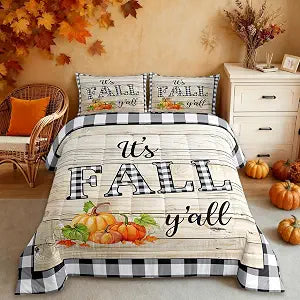 Homewish Fall Pumpkin Grid Comforter Set Full Size,Rustic Farm Barn Wooden Bedding Youth Adults Room Decor,Halloween Plants Plaid Quilt Set Retro Fall Themed Duvet Insert 3pcs,2 Pillowcases