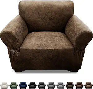 Single Sofa Cover Leather Look Chair Covers for Living Room 1-Piece Sofa Chair Covers with Arms Stretch Furniture Protector with Elastic Bottom & Pockets(Armchair, Brown)