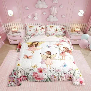 Erosebridal Dreamy Fairy Twin Comforter Set,Pink Fairy Garden Bedding Sets for Girls Kids,Cute Floral Butterfly Quilt Bed Set,Princess Girly Coquette Bedroom Decor,1 Pillowcase Reversible