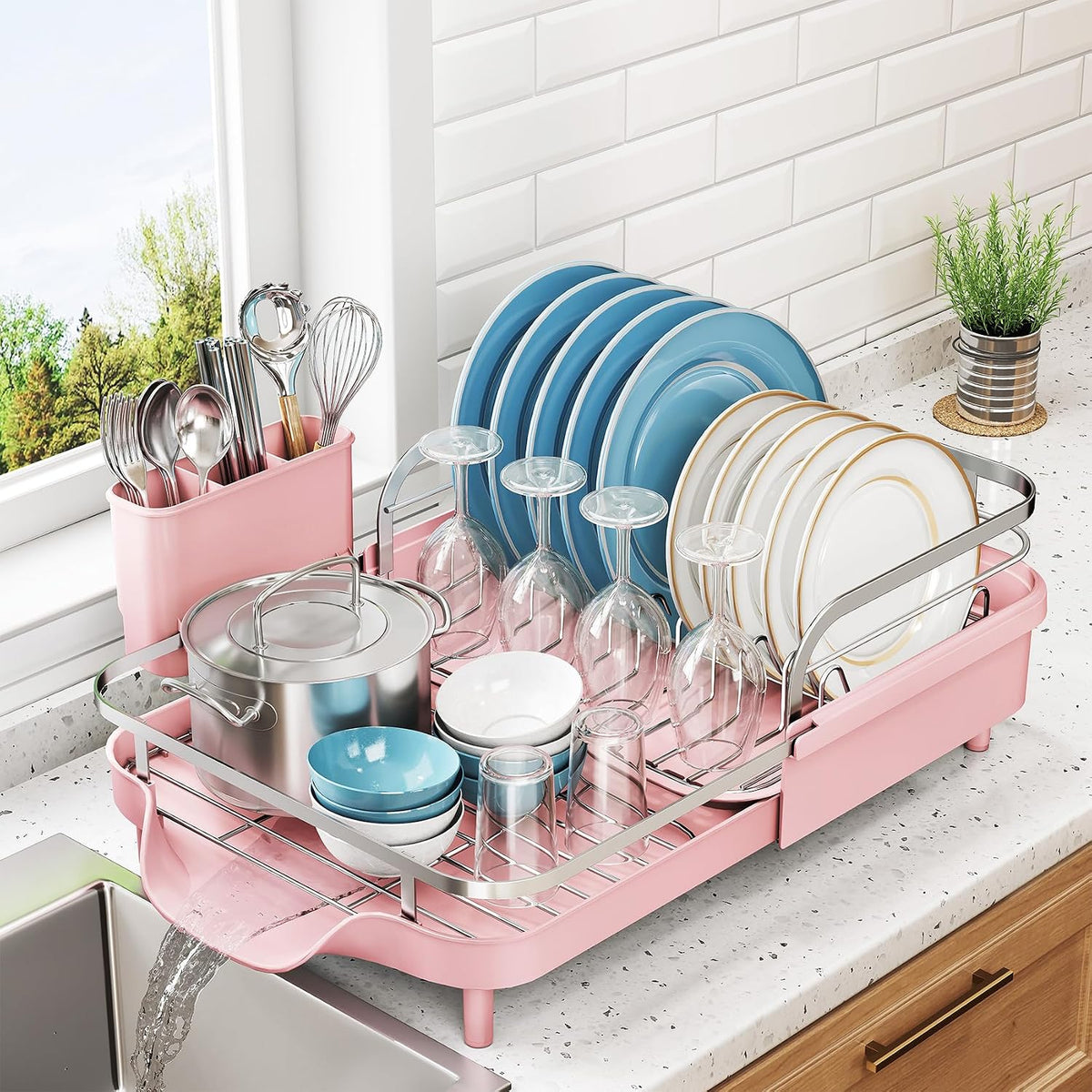 SNTD Expandable Dish Drying Rack for Kitchen Counter, 15.2-22.1 in, Pink