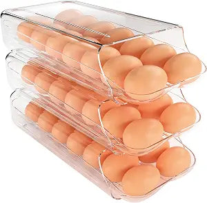 theaoo Egg Holder for Fridge, Automatic Rolling Egg Container, Clear, 3Pack