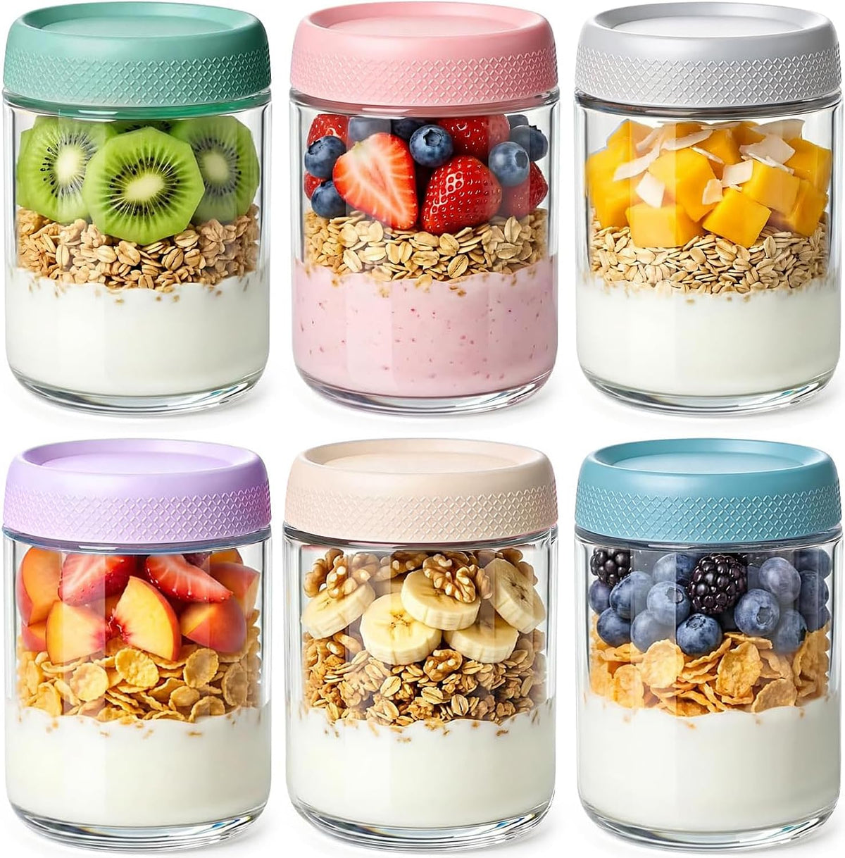 16 oz 6Pack Overnight Oats Containers with Lids, Airtight Leakproof Wide Mouth Glass Mason Jars, Reusable & Portable for Meal Prep, Yogurt, Salads, Smoothies, Spice, Sugar, Snacks & Food Storage-clear