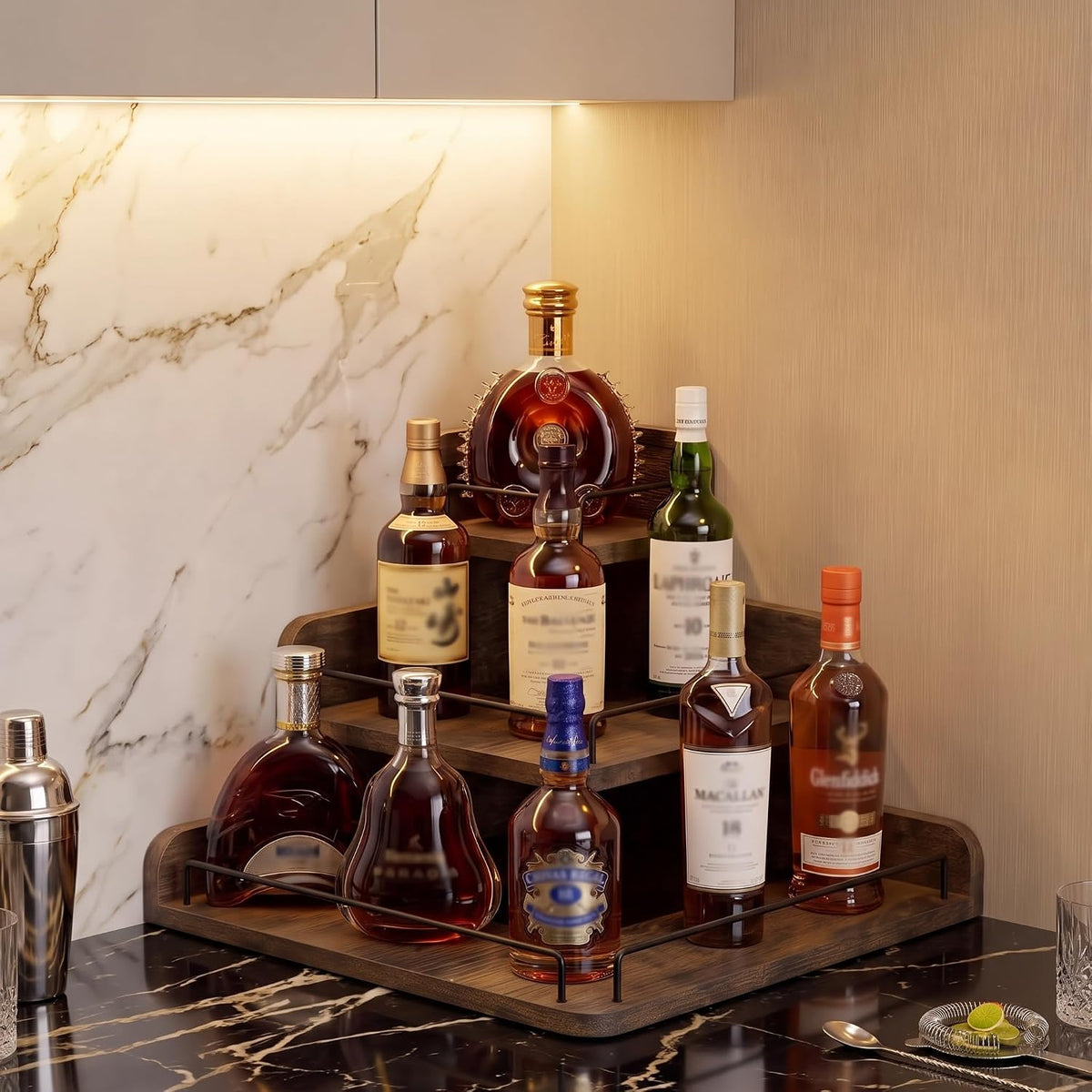 Corner Wine Rack Countertop, 3 Tier Liquor Bottle Display Shelf for Whiskey, Bourbon, Spirits, Mini Bar Shelf Organizer for Kitchen Counter, Home Bar, Coffee Syrup Rack Stand, Rustic Brown