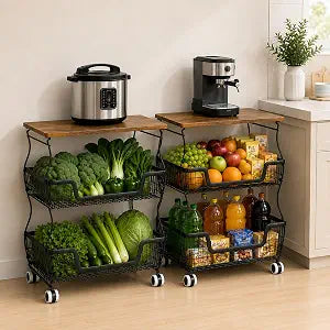 Fruit and Vegetable Storage, 2 Pack 3 Tier Fruit Basket with Wooden Top Table Kitchen Pantry Storage Bins and Organizers, Stackable Metal Rolling Cart for Vegetable Snacks Drinks Onion Organization