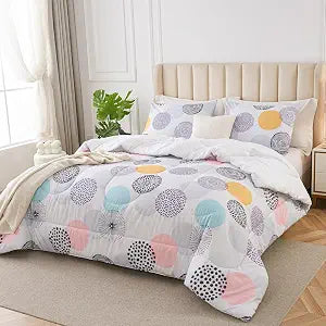 Queen Bedding Sets, Queen Comforter Set 3 Pieces for All Seasons, Bed in a Bag Queen Bedspread with Dream Circles Comforter, 2 Pillowcases