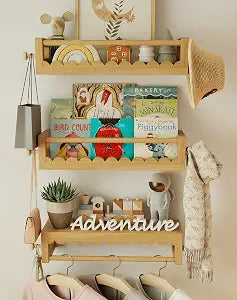 0.8" Thick Kids' Wall Bookshelves 3 Scalloped Floating Shelves with Hooks