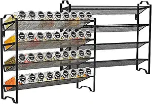 Simple Trending 2 Pack 4 Tier Spice Rack Organizer, Stackable Kitchen Counter Shelves, for Cabinet, Countertop, Pantry, Door or Wall Mount, Metal Mesh, Jars not Included, Black