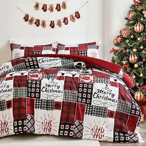 Rustic Comforters Queen Size,Christmas Bedding Red Patchwork 3 Piece Plaid