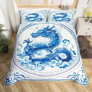 Chinese Loong Duvet Cover,Kids Blue White Bedding Set,Dragon Comforter Cover for Boys Girls Room Decor,Blue Ink Art Bedspread Cover Twin Size with 1 Pillow Case(No Comforter)