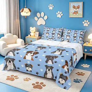 Castle Fairy Cartoon Dogs Bedding Set,Cute Puppy Paw Prints Bed Sheets for Kids Boys Teens,Watercolor Lovely Pet Animals Decor Sheet Set with Flat,Fitted Sheet,2 Pillowcases Full Size 4 Pcs