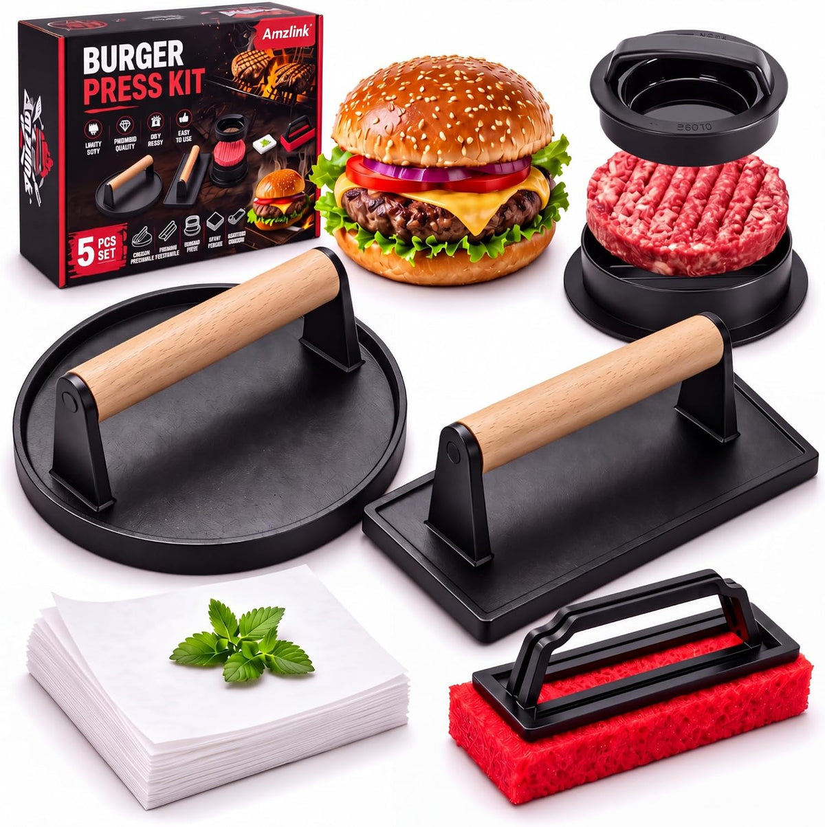 Smash Burger Press Kit, Cast Iron Burger Smasher, Steak Weight