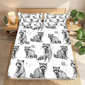 Erosebridal Raccoon Fitted Sheet Black and White Bed Sheets for Kids Boys