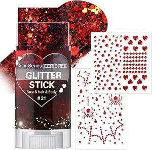 Black Red Heart Sequins Face Hair Body Glitter Stick with 2pcs 3D Red Spider Web and Heart-Shaped Face Gems and Pearl Stickers Halloween Face Rhinestones Jewels Valentine's Day Makeup