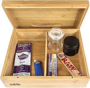 Subtle Rolling Tray Stash Box - Wooden Tray with Lid - (10" x 8" x 3.5")