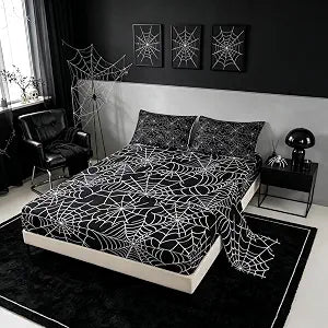 Feelyou Spider Web Bed Sheets Set Queen Size Halloween Themed Deep Pocket Fitted Sheet Diablo Bedding Sets Trick or Treat Soft Bed Set 4Pcs with 2 Pillow Cases Black and White