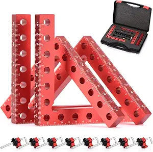 Neddie 90 Degree Corner Clamps for Woodworking, 4-Pack 5.5-Inch Squares, Anodized aluminum, 8 L-bolts with adjustable blocks, up to 3.5 in, dual-unit scales, case, cabinets, drawers, boxes, frames