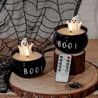 Halloween Flameless Candles 2 Pack, BOO Ghost Battery Operated LED Decor