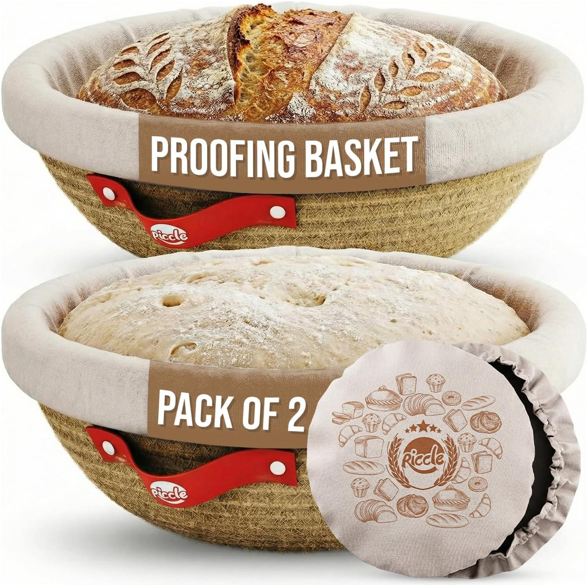RICCLE Banneton Bread Proofing Basket, 2 Round Sourdough Banneton Baskets