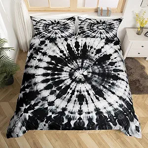 Tie-Dye Duvet Cover Hippie Spiral Trippy Style Black Bedding Set Abstract Art Pattern Comforter Cover Set Pastel Printed Quilt Set for Adult Women Men Soft Microfiber Bedspread with Zipper Ties,Queen
