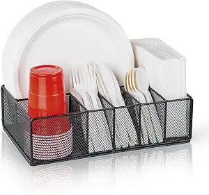 Paper Plate Organizer for Countertop, Metal Silverware Caddy for Cup, Napkin, Fork, Spoon, Paper Plate and Utensil Holder, Cutlery Caddy for Party, Camping, Picnic (Black)