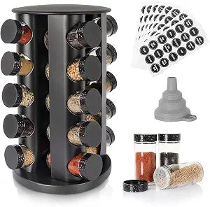 Tianifa Black Countertop Rotating Spice Rack, Round Empty 20-Jars Revolving Spice Rack Organizer, 135 Spice Labels with Funnel Complete Set, for Kitchen Countertop, Cabinet