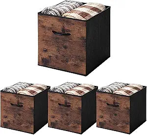 WUIKE 13-Inch Rust Brown Cube Storage Bins, Wood Print Front, 4-Pack