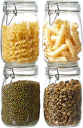 ODBCYWM 34oz Glass Food Storage Jars with Airtight Lids, Set of 4 - Clear Preserving Seal Wire Clip Fastening Canisters for Kitchen Canning, Flour, Cereal, Pasta, Sugar, Beans, Pickling Jars (34oz*4)
