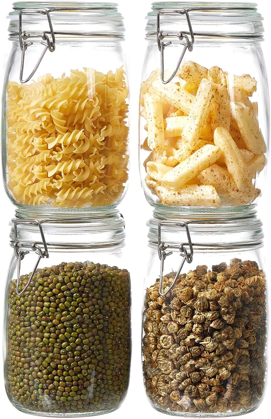ODBCYWM 34oz Glass Food Storage Jars with Airtight Lids, Set of 4 - Clear Preserving Seal Wire Clip Fastening Canisters for Kitchen Canning, Flour, Cereal, Pasta, Sugar, Beans, Pickling Jars (34oz*4)