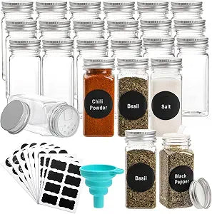 WUWEOT 24 Pack Plastic Spice Jars, 4 oz Spice Bottle Square Seasoning Containers, Reusable Salt Pepper Shaker with Airtight Lid Labels and Funnel for Spice, Herbs, Powder and Glitters