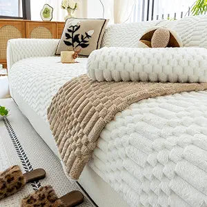 Plush Warm Sofa Covers Washable, Funny Fuzzy Couch Cover for Dogs Washable, Non-slip Couch Covers for Sectional Sofas, Soft Sofa Slipcover for Pet & Kid(1PC, Beige White, 36"83", Single Seater)