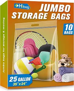 HIBAG 25 Gallon Jumbo Storage Bags, 35 x 24 Resealable Clear Bags with Handle, Extra Large XL Heavy Duty for Clothes Pillow Travel Moving, Pack of 10