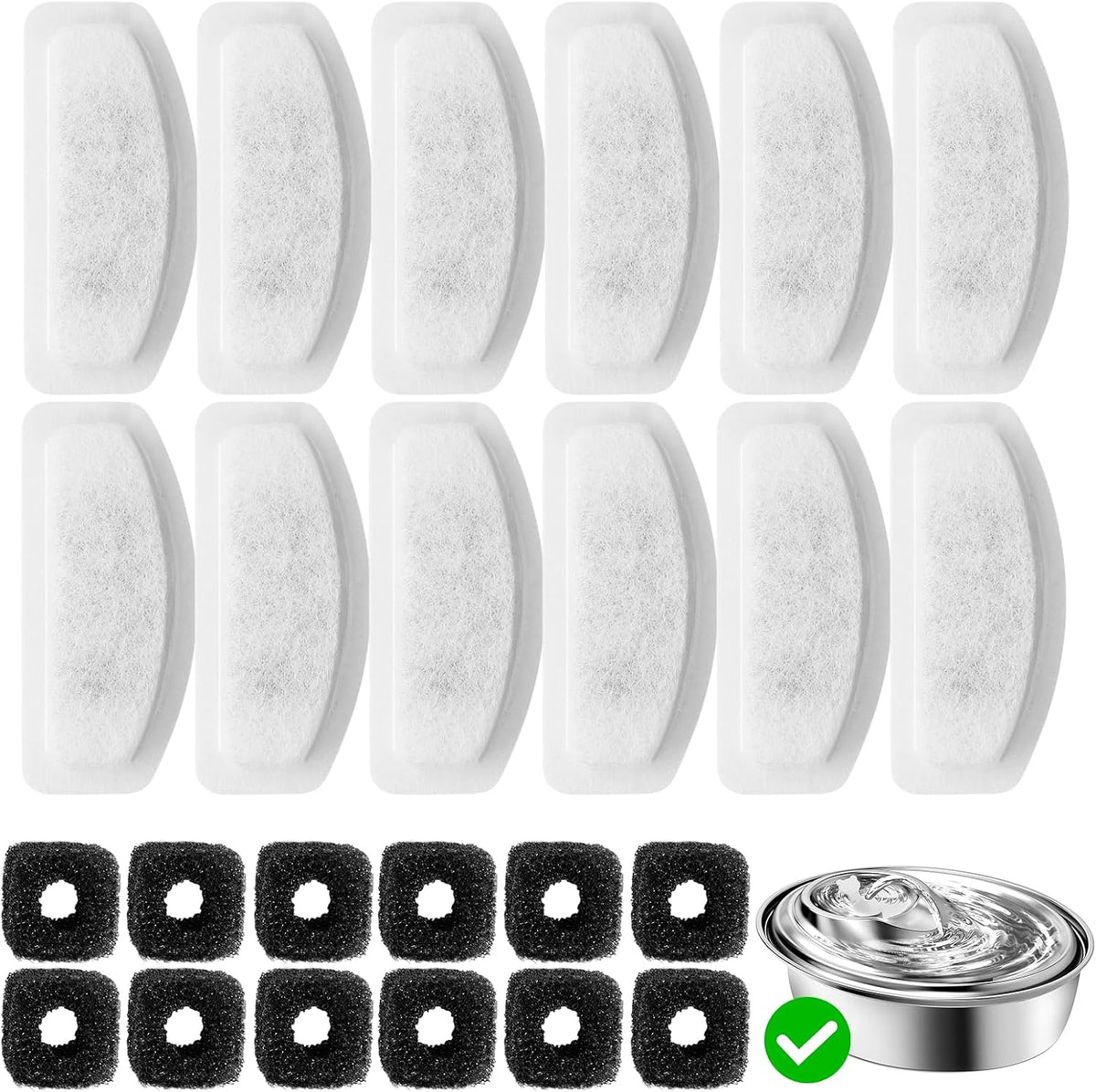 12+12 Pack Replacement Filters Compatible with ORSDA D30 67oz/2L Automatic Stainless Steel Cat Water Fountain, Includes 12 Water Filters + 12 Pump Sponges (24 PCS)