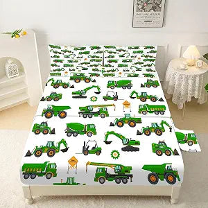 Sheet Set Green Tractor: Full Size Cartoon Excavator Truck Bed Sheets for Boys Kids Toddler Deep Pocket Construction Vehicle 4PC Bedding Set 1 Fitted Sheet & 1 Flat Sheet & 2 Pillowcases