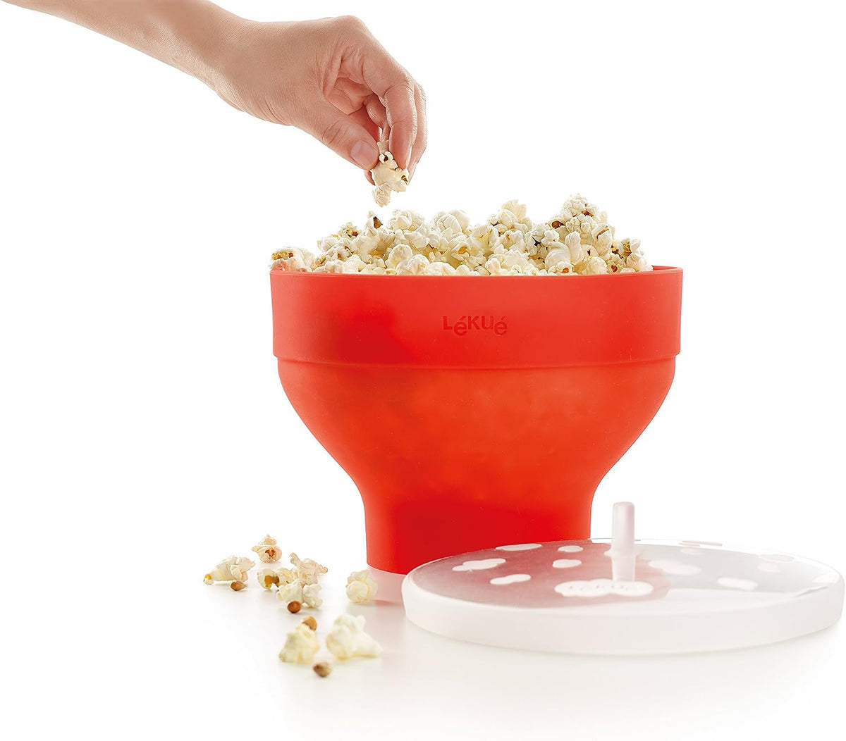 LÃ©kuÃ© Microwave Popcorn Maker | Standard | Red | Fast, Healthy Pop-Up Popcorn Bowl, Cooks 2-3 Servings in 3 mins | Folds Down to Save Space, No Oil Needed, Includes Fat-Free Recipes | Dishwasher Safe
