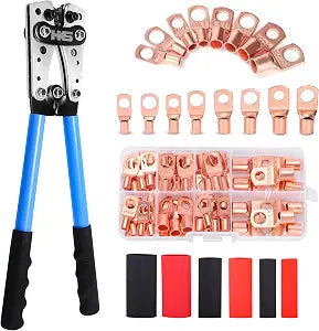 HKS Battery Cable Crimping Tool Kit  Heavy Duty Wire Crimper for AWG 10-1, Includes 60pcs Copper Ring Terminals & 60pcs 3:1 Heat Shrink Tubing, Ideal for Battery Cables