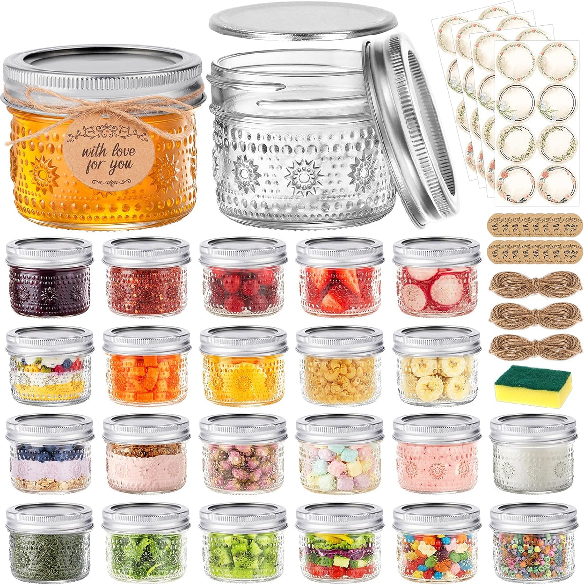 4 oz Small Embossed Mason Jars 24-Pack with Airtight Lids, Leakproof
