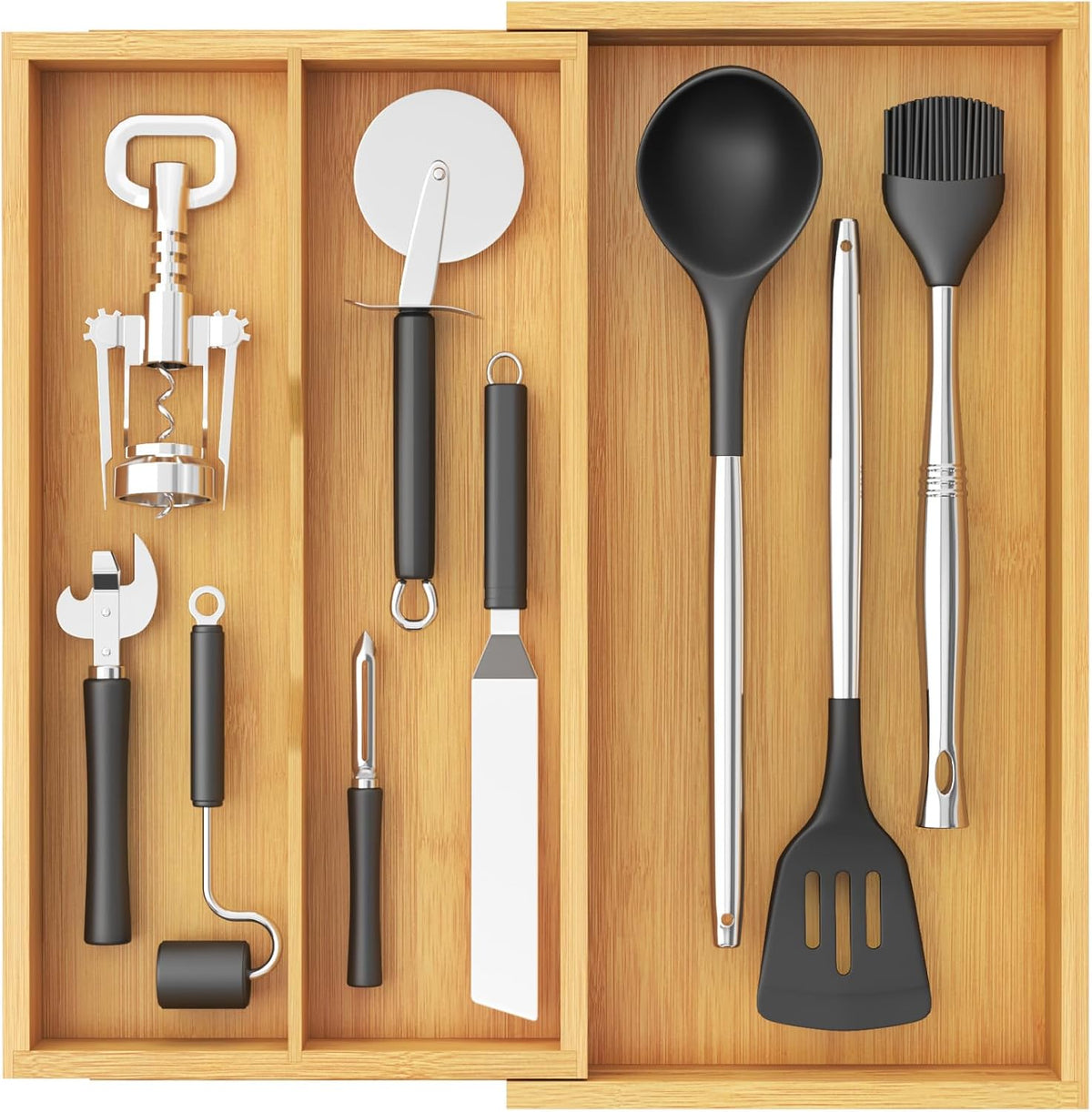 Lifewit Bamboo Utensil Organizer for Kitchen Drawer, Cooking Utensil Tray