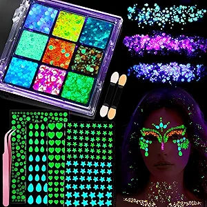 YGDZ Glow in The Dark Body Glitter, Face Glitter Gel, Mermaid Face Gems Kit, Hair Glitter Jewels for Makeup, Festival Outfits for UV Black Light Party, Rave Accessories for Women