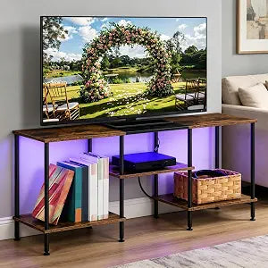 BTY LED TV Stand with Storage for 50 Inch TV Small LED Entertainment Center with Charging Station Wooden TV Console Table for Living Room, Bedroom, Rustic Brown