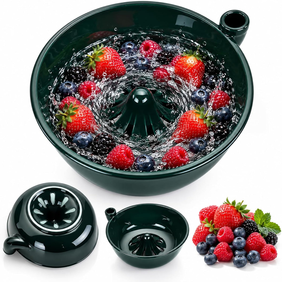 Ceramic Berry Bowl with Auto-Spin Swirl Drainage, Self-Rinsing Fruit Washer Spinner Bowl, Multi-Functional Colander for Strawberries, Blueberries and Grapes (Green)
