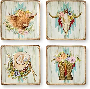 Rosewood 8.5-Inch Salad Plates, Set of 4, Western Motif with Floral Cowboy Boots & Rustic Wood Design, Square Shape, Durable & Stylish for Salads, Appetizers & Rustic Farmhouse Dcor