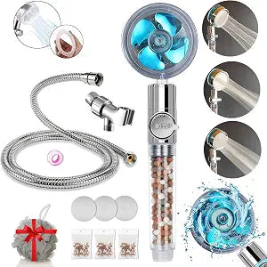 Filtered Handheld Shower Head Kit in Blue, High Pressure Showerhead with Filter Beads, Spare Hose, Mount Bracket, Replacement Bead Filters and Bath Loofah Included