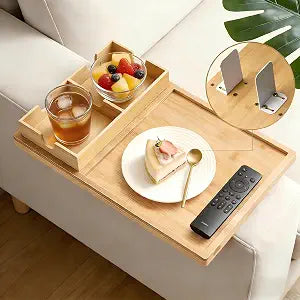 Bamboo Couch Cup Holder Tray with Adjustable Metal Legs