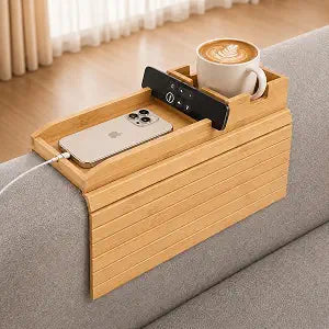 Bamboo Couch Arm Tray with Cup Holder, Foldable Sofa Armrest Table