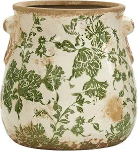 Nearly Natural 6.5 in Tuscan Ceramic Green Floral Scroll Decorative Vase