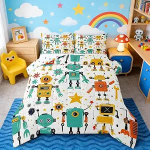 Castle Fairy Cartoon Robot Bedding Set Twin Size Cute Star Geometric Comforter for Child Teens Modern Sci-Fi Robot Down Comforter Repair Tools Screw Print Duvet Insert with 1 Pillowcase