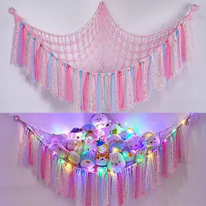 FIOBEE Stuffed Animals Net LED Light Toy Hammock for Kids Bedroom Storage